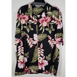 Sunny Island Hawaiian Tropical‎ Flowers Mens Black Button Down Shirt Size Large